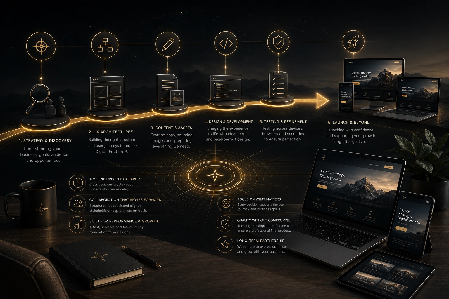 Professional website development timeline showing strategy, UX, design, development, testing and launch.