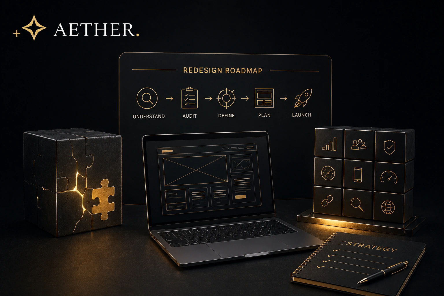 Website redesign preparation showing content audit, SEO migration, UX planning and technical requirements.