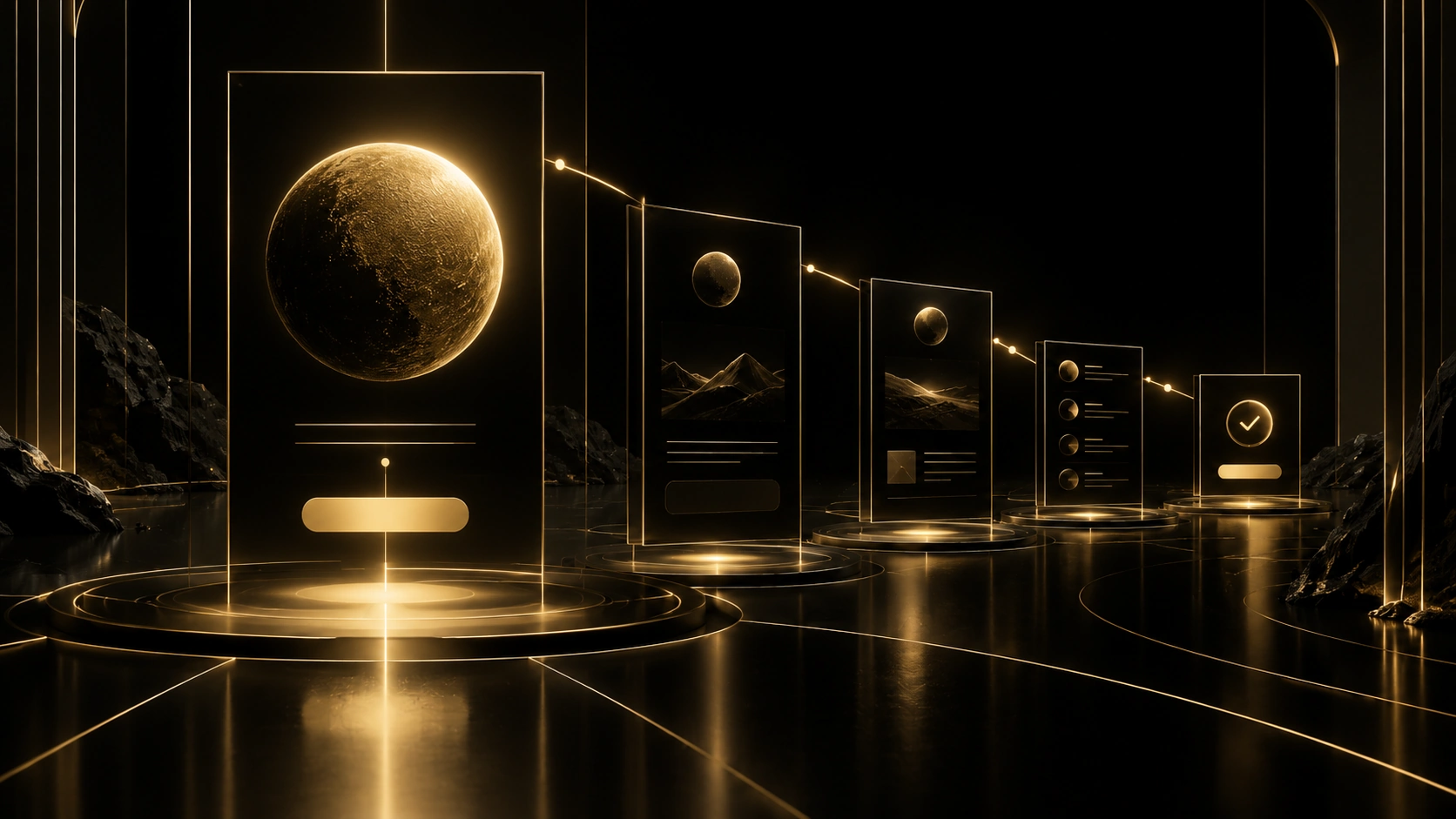 gouden_futuristische_interfacecorridor Visual hierarchy shaping user attention through size, contrast, spacing, position and controlled visual priority.