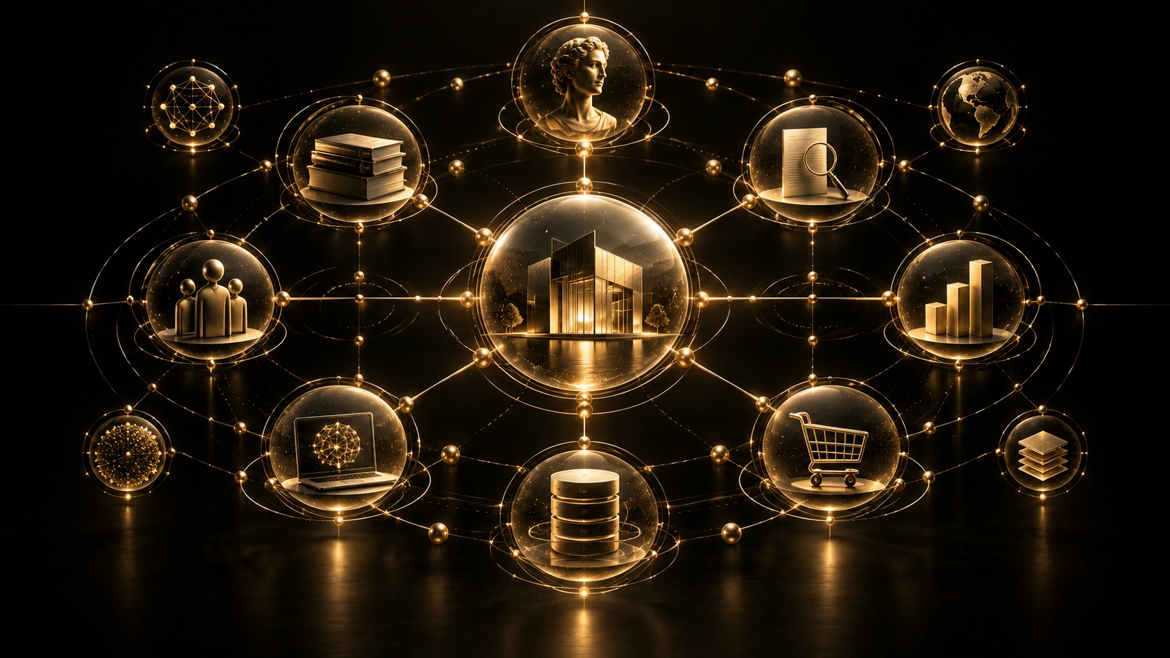 Knowledge ecosystem for SEO and AI search connecting content, entities, services, evidence and semantic relationships.
