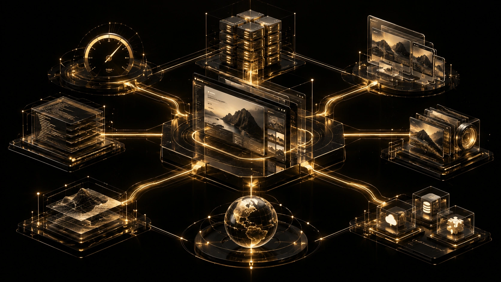 Website performance architecture connecting speed, responsiveness, stability, code, hosting and third-party technology.