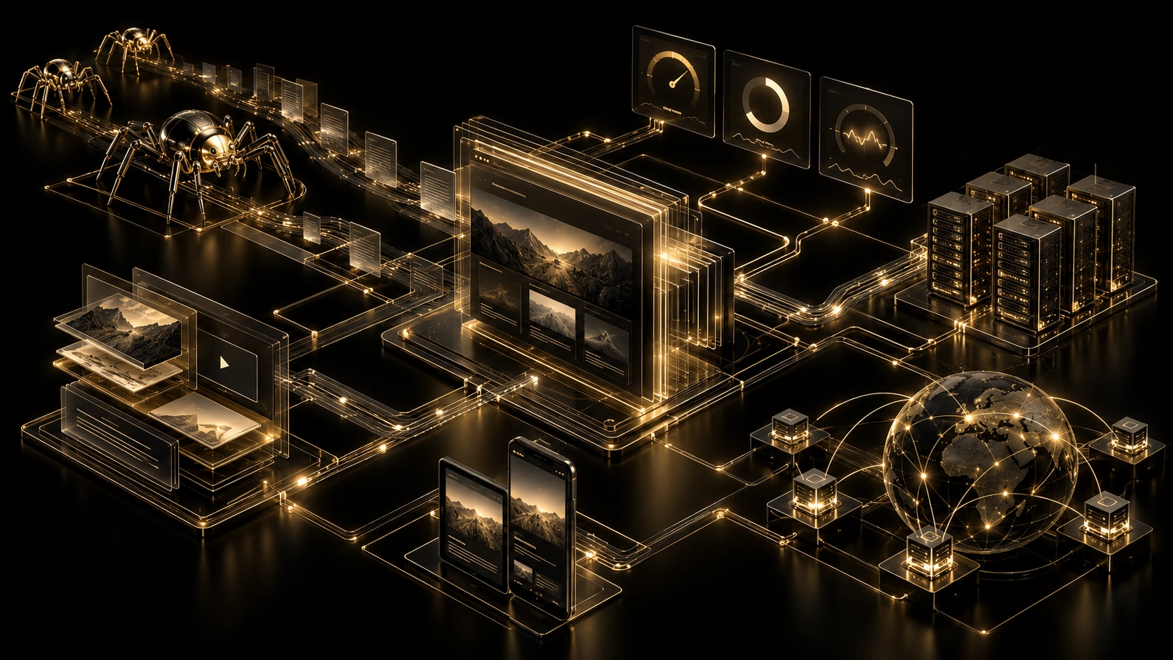 gouden_seo_netwerk_in_futuristische_datastroom Website performance and SEO architecture connecting Core Web Vitals, crawling, rendering, mobile UX and server performance.