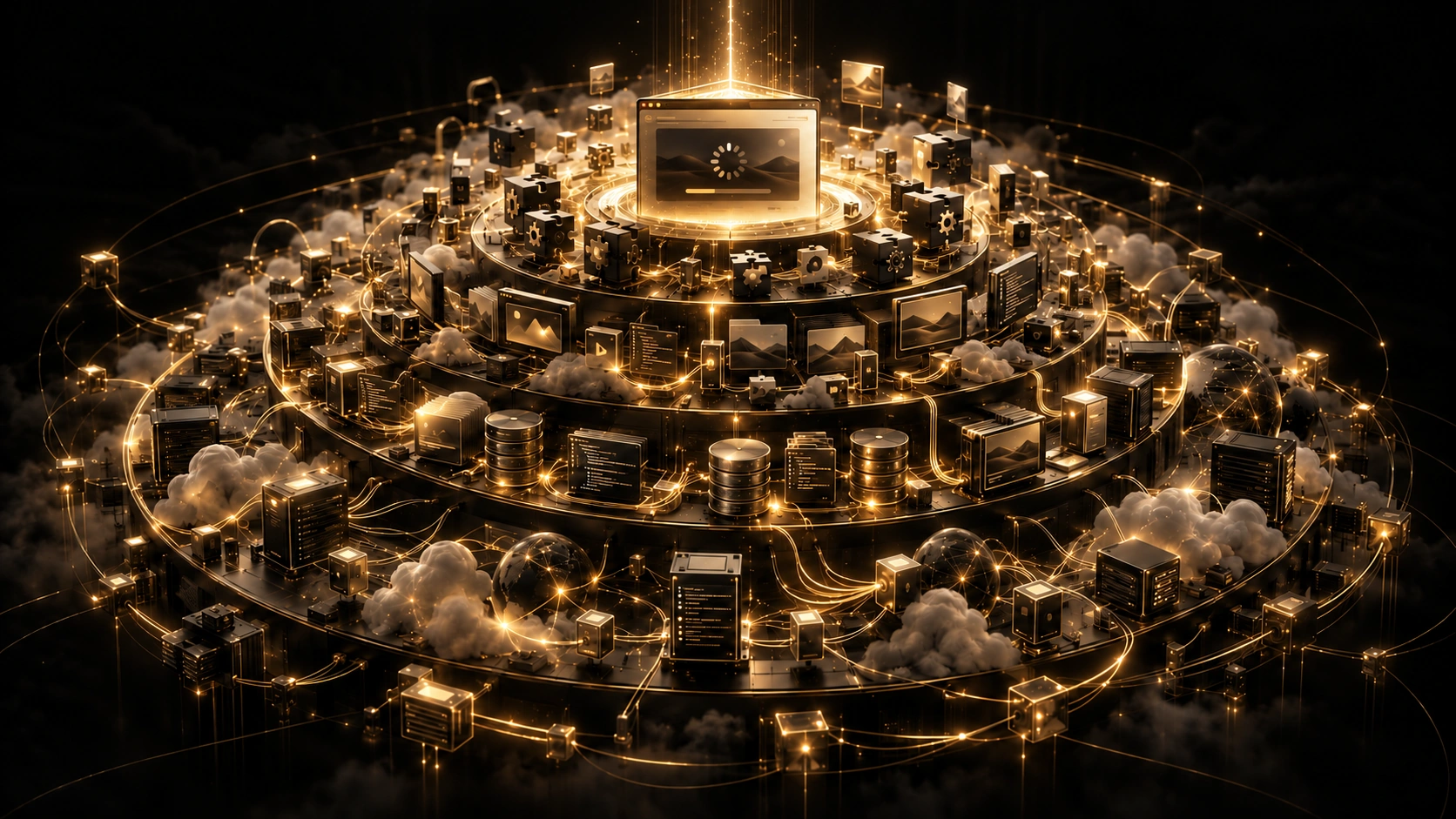 Slow WordPress website showing accumulated plugins, database complexity, media, scripts and hosting dependencies.